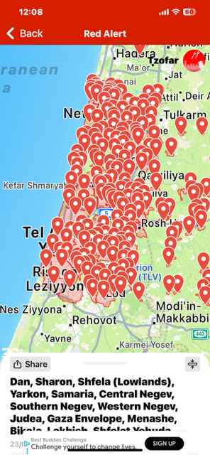 A screenshot from the Red Alert app on Laura's phone, which sends real-time warnings, to Israelis giving them notice to find shelter during attacks.