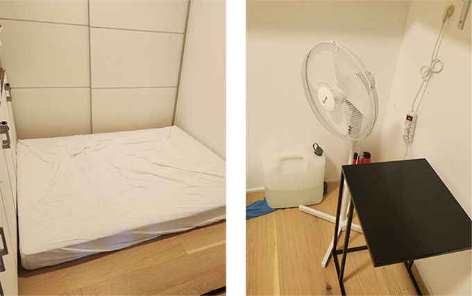 A look inside Laura’s bomb shelter in Israel, equipped with a bed, water, a fan, and essential provisions.