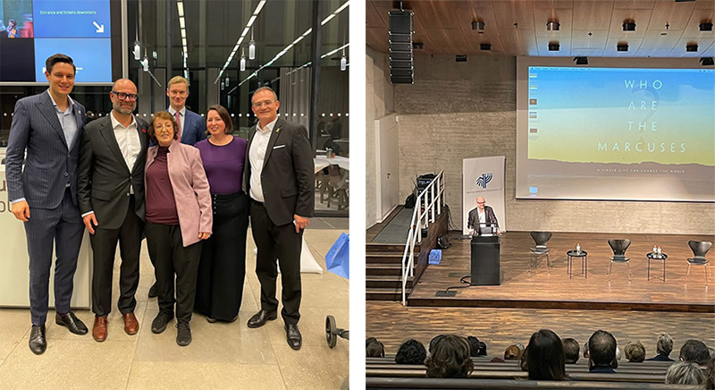 Pictured left: Sebastian Hoffmann, Richard Markus, Ellen Marcus, Prince Christian von Preußen, Jen Marcus, and Michael Grauss. Pictured right: Richard Markus addressing the audience at the screening of the documentary highlighting the Marcus Family’s story.