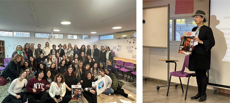Left: Young women at Mechinat Alma in Jerusalem. Right: Varda Ben Barch, grandmother of IDF soldier and now former hostage Edan Alexander, speaking at the bracelet presentation at Mechinat Alma, December 2024.